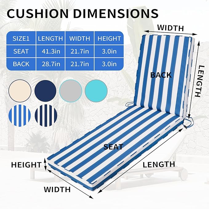 Outdoor Chaise Lounge Cushions for Patio, 71"x22"x3" Lounge Chair Cushions Set of 2, Waterproof Replacement Seat Pads for Outdoor Furniture (Sky Blue+White Stripes, 2 Pcs)