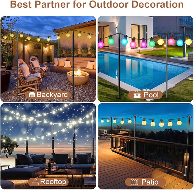 4 Pack String Light Poles for Outside, Heavy-Duty Metal Light Poles for Outdoor String Lights with Fork, Adjustable Lighting Accessories for Patio Decor Backyard Yard Pergola Garden Decorations