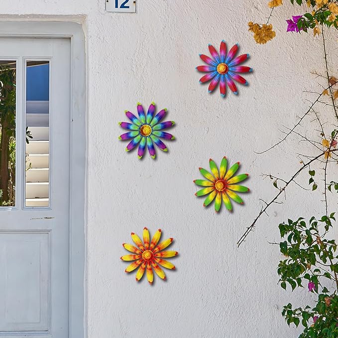 Giyyomtr Metal Flowers Wall Decor - 4pcs Metal Sunflowers Wall Art Hanging Decorations for Outdoor Fence Garden Yard Patio Decor, Gift for Mom Friends