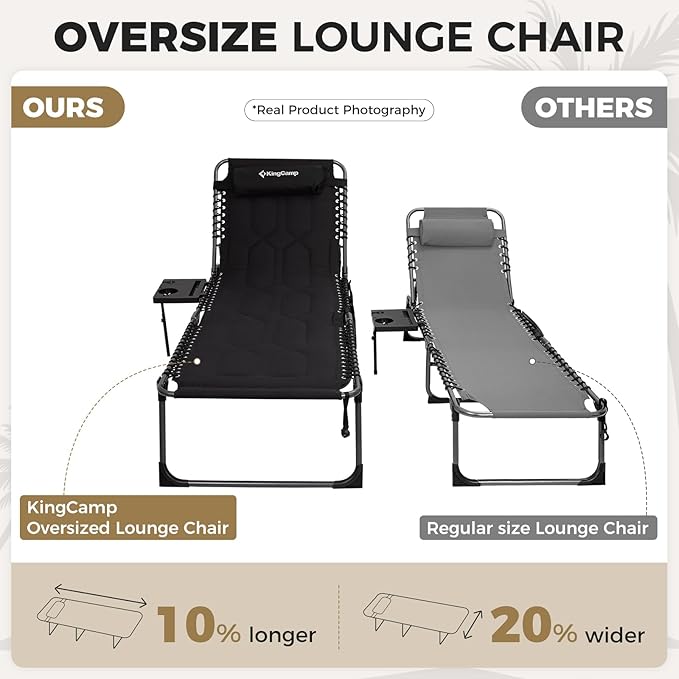 KingCamp Oversize Lounge Chair Outdoor, Extra Large Padded Folding 5 Positions Chaise Tanning Chairs with Pillow & Side Table for Outside Sunbathing Beach Patio Pool Camping (Black)