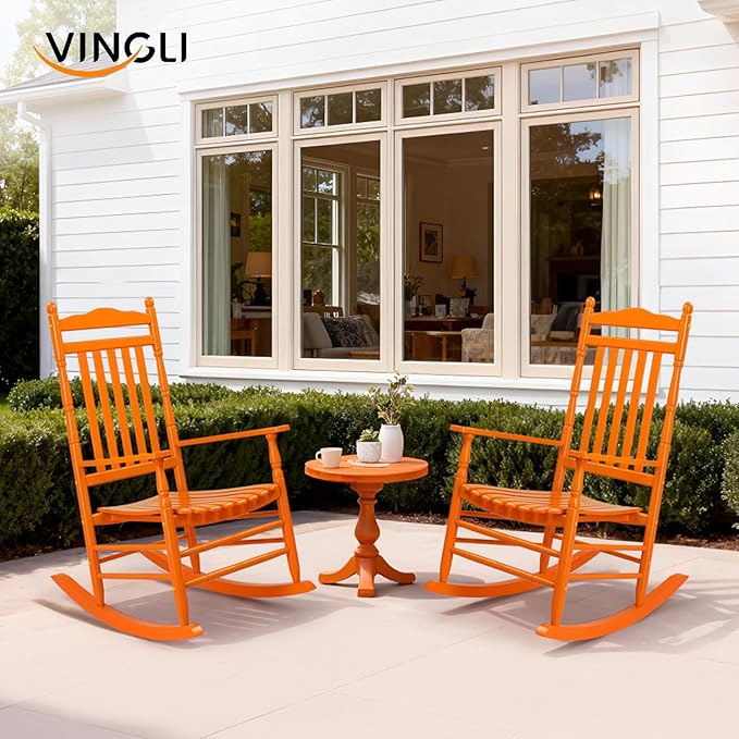 VINGLI Wooden Rocking Chair Outdoor, Patio Rockers with High Back, Support 450 LBS Rocking Chairs, for Porch, Patio, Balcony, Garden, Yard (Orange, 2 PCS)