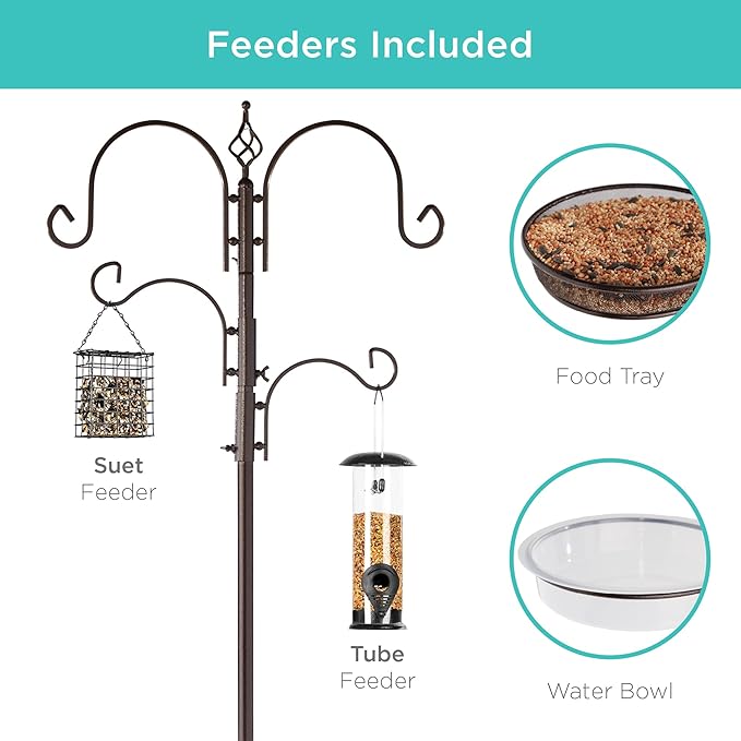 Best Choice Products 91in 4-Hook Bird Feeding Station, Steel Multi-Feeder Kit Stand for Attracting Wild Birds w/ 2 Bird Feeders, Mesh Tray, Bird Bath, 4-Prong Base - Bronze