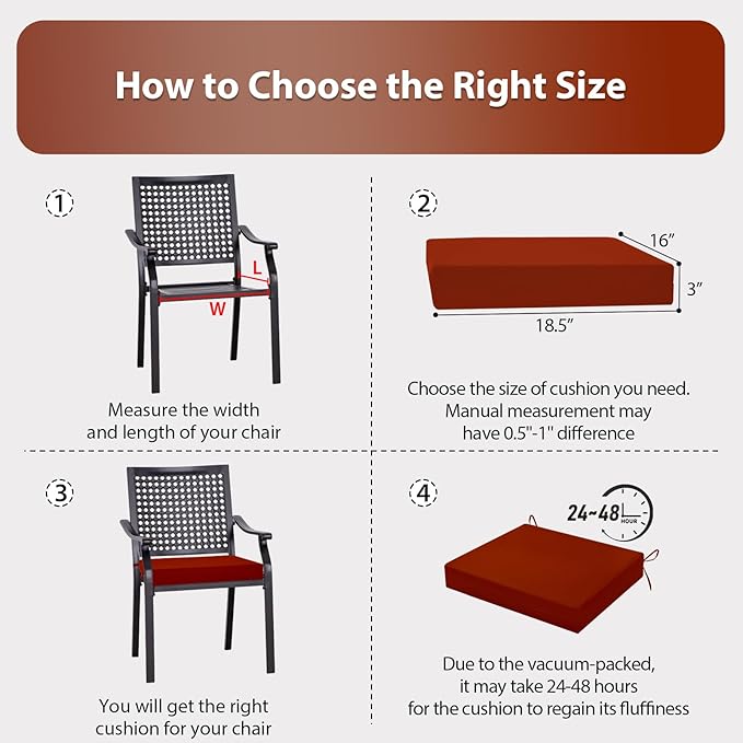 Outdoor Chair Cushions Set of 6, 18.5 x 16 Inch Patio Chair Cushions for Outdoor Furniture, Water Resistant, Non-Slip Ties(Brick Red)