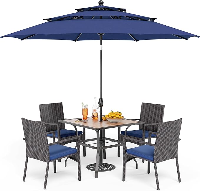 PHI VILLA 5 Piece Outdoor Dining Set with Umbrella for 4, 37" Square Metal Wood-top Dining Table & Wicker Rattan Chairs with Cushions & 10ft Blue Umbrella for Patio, Deck, Backyard, Porch