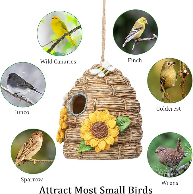 Resin Bird House for Outside, Birdhouses for Outdoors Bird Nesting, Decorative Bird Houses for Yard Garden Decor, Water Proof (Sunflower Thatch)