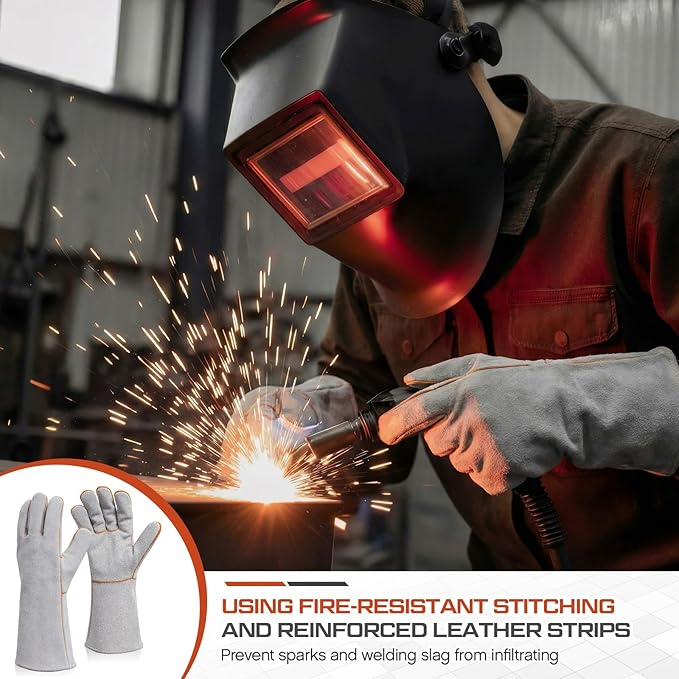 2 Pairs 14” Leather Fireplace Gloves for Men Women Long Heat Resistant Fireplace Hearth Gloves Wrist Protection Fireproof Stitching Grill Glove for Fire, Stove, Oven, BBQ, Grilling, Welding