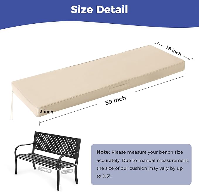 Outdoor Bench Cushions for Outdoor Furniture, 59x18x3 Inch, Waterproof Bench Pillow, Fade Resistant Long Bench Seat Pads for Garden, Indoor, Porch Swing, Beige