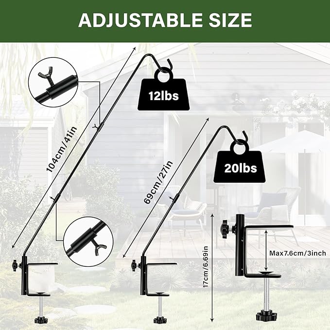 DAEHUI Deck Bird Feeder Hanger with 3in Clamp for Railing 41 Inch Bird Feeder Pole 360 Degree Swivel Plant Hooks for Hanging Baskets Wind Chime Lantern (2 Packs-3In Clamp Deck Hook)