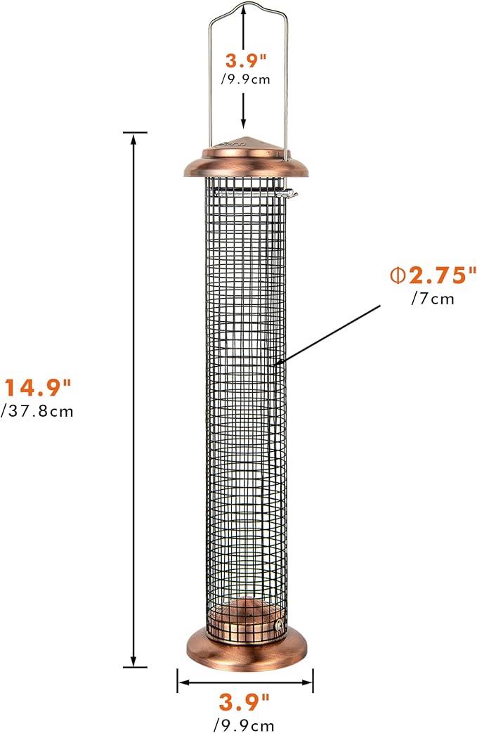 iBorn Metal Peanut Bird Feeders for Outdoors - 14" Peanut & Sunflower Seed Feeder, Hanging Metal Mesh Mixed Seed Bird Feeder with Easy-Clean Design for Woodpeckers, Jays, Titmice,Copper