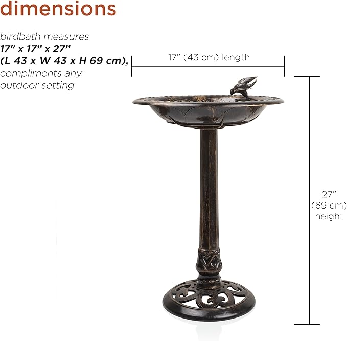 Alpine Corporation 27" Tall Outdoor Antique Pedestal Birdbath with Bird Statue Decor, Durable Polypropylene Construction, Bronze