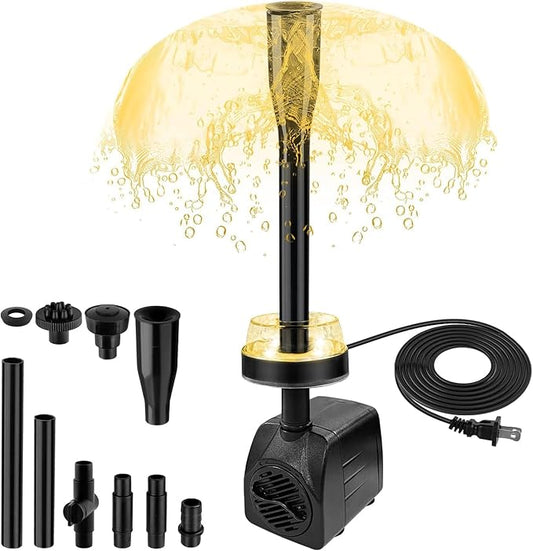 15W 800L/H Submersible Pond Fountain Pump with LED Lights, Ultra Quiet Water Pump, Pond Fountain Pumps for Small Pond, Garden, Aquarium, Fish Tank, Indoor Outdoor Fountain 3 Type Nozzle (Warm)