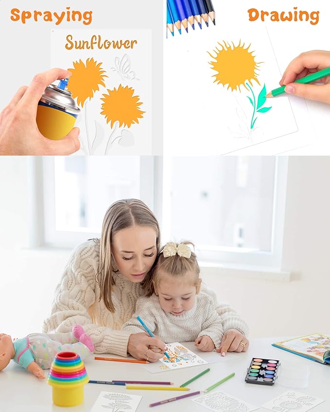 9PCS Sunflower Butterflies Stencils, Reusable PET Sun Flower Template, DIY Craft Paint Stencil with Metal Open Ring, for Painting on Wood Canvas Paper Fabric Wall Furniture, 8x11 Inches