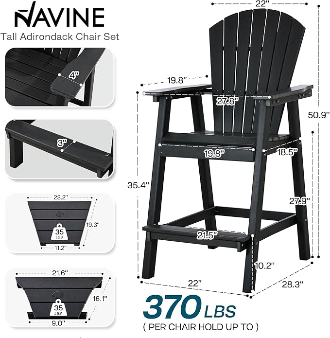 Tall Adirondack Chairs Set of 2, HDPE Balcony Chair with Double Connecting Tray, Weather Resistant Outdoor Adirondack Bar Stools for Patio, Deck, Patio, Backyard, Balcony.(Black)