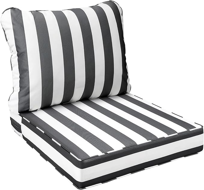 AAAAAcessories Outdoor Seat Cushions for Chairs, Fade-Resistant, Waterproof Patio Furniture Replacement Cushions, 25.5" x 25.5" x 5" + 25.5" x 19", Gray Cabana Stripe