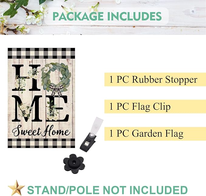 ORTIGIA Home Sweet Home Magnolia Garden Flag Double Sided 12.5x18 Inch Spring Summer Buffalo Plaid Check Small Yard Flag Burlap Vertical Farmhouse Rustic Outside Outdoor Lawn Patio Decor