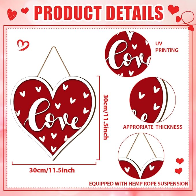 Boao Welcome Valentine's Day Wooden Door Hanging Sign Decor Heart Shaped Farmhouse Door Decor Vintage Valentine's Day Wood Sign Rustic Wall Plaque Ornaments for Window Wall Porch