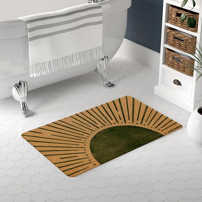 Nogrit Boho Coir Doormat for Outdoor Entrance Front Door Mats Outdoor, Green Boho Welcome Mat Door Mat Indoor Door Mats for Entryway, 17x30 (Green Sun)