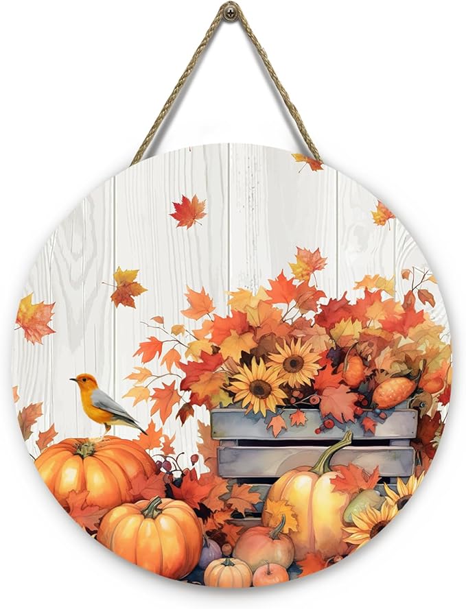 Fall Door Sign Wooden Autumn Pumpkins Door Hanger Maple Leaf Sunflowers Bird Sign for Outdoor Porch Wall Fall Harvest Hanging Decorations