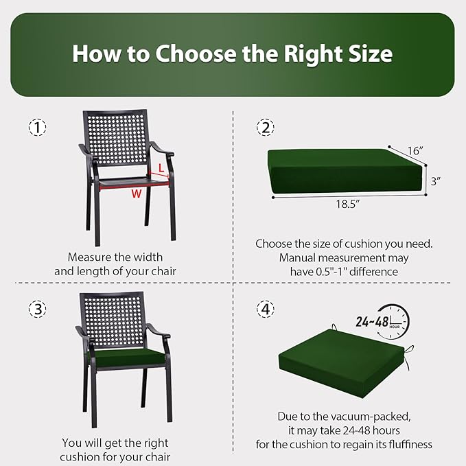 Outdoor Chair Cushions Set of 4, 18.5 x 16 Inch Patio Chair Cushions, Water Resistant, Non-Slip Ties (Forest Green)