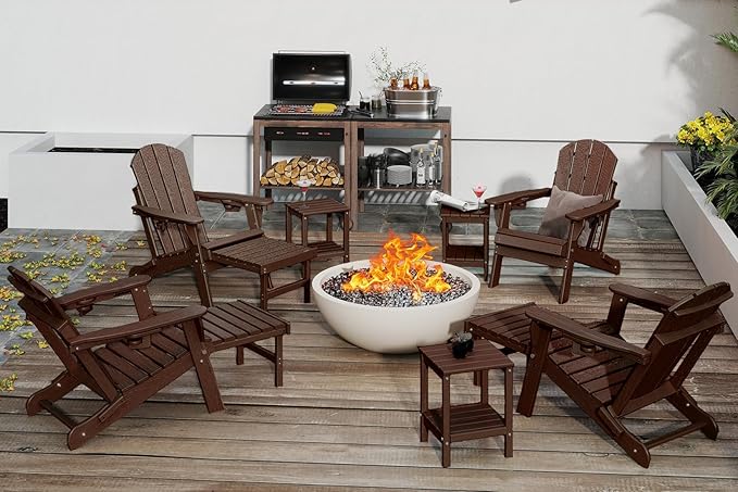 GREENVINES Adjustable Adirondack Chair with Retractable Ottoman Set of 4 | Folding | Wood Grain HDPE Plastic | Fire Pit Chairs w/Foot Rest | 2 Cup Holders | Dark Brown | for Outdoor Poolside