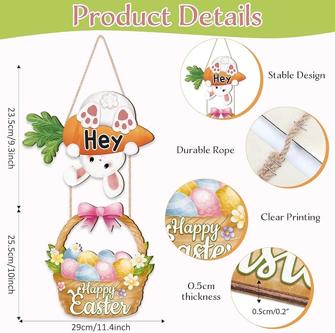 CHDITB Easter Bunny Wooden Sign, Happy Easter Wood Hanging Plaque With Carrot, Spring Rabbit Front Door Sign, Eggs Basket Wall Art Sign Hanger, Welcome Wall Decor For Outdoor Porch Yard Home Decor