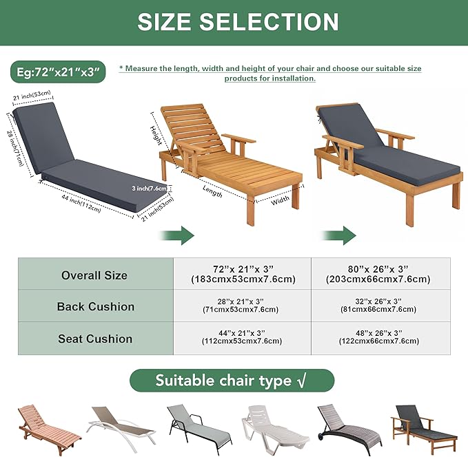 Chaise Lounge Cushions Outdoor Set of 4 - Waterproof and Fade Resistant Sun Lounger Replacement Cushions - Patio Lounger Pads with Removable Cover for Pool, Deck, 72 x 21 x 3 Inch, Dark Grey