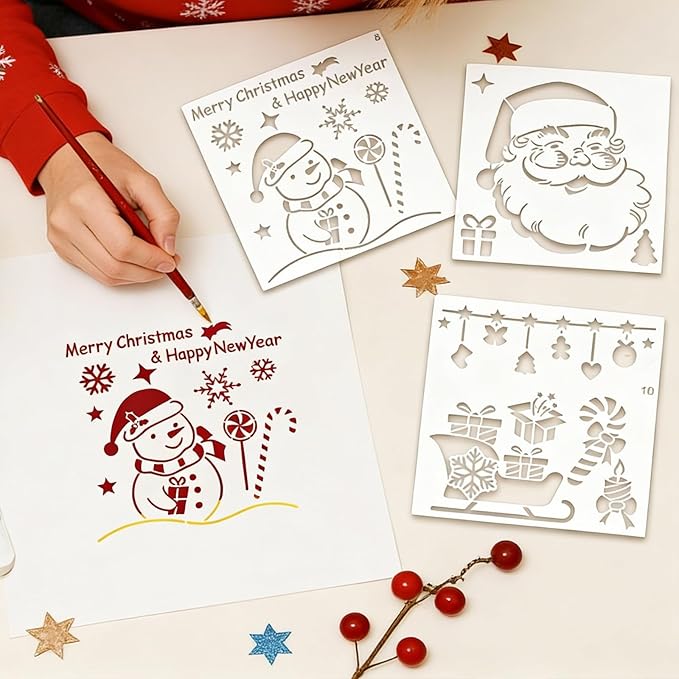 12Pc Christmas Stencils for Painting On Wood, Christmas Stencils for Crafts Reusable, Xmas Decorations Drawing DIY Art Craft Home Decor Wall, Windows, Deer Snowflakes Pinecones Decor(Christmas A)