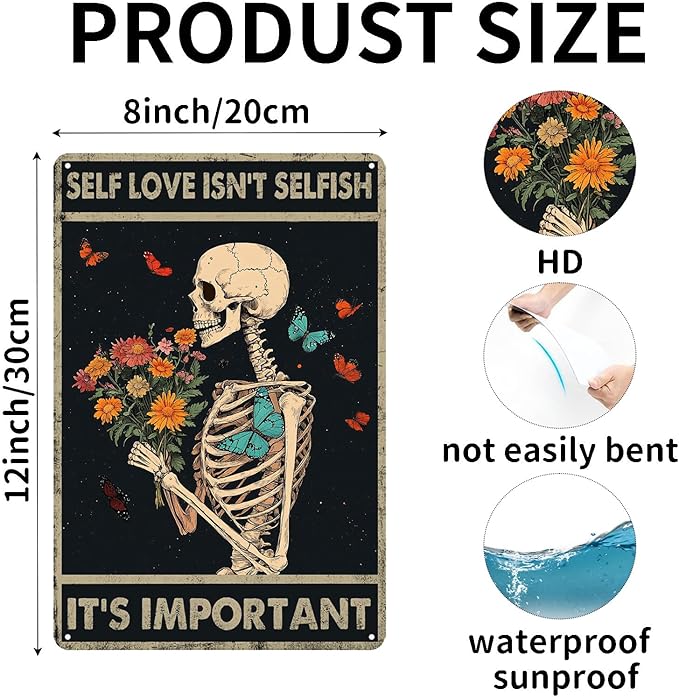 Vintage Flower Tin Signs Self Love Isn't Selfish It's Important Skull Metal Sign Wall Decor for Home Bedroom Kitchen Cafe Bar 12×8 Inch