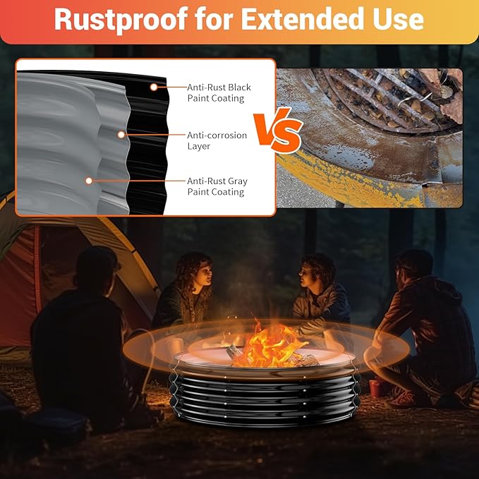 36 Inch Fire Pit Ring Insert for Outside, Heavy Duty Galvanized Steel Fire Pits/Outdoor Fireplace, DIY Wood Burning Firepit In-Ground or Above-Ground,Portable for Backyard Bonfire, Patio & Camping