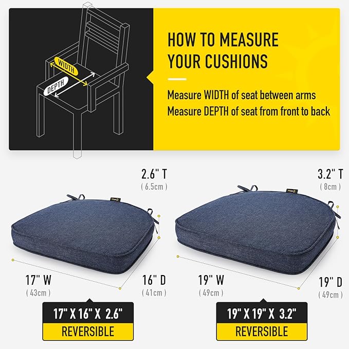 SUNROX Gel Memory Foam Chair Cushions, FadeShield Water-, Stain-Resistant Durable Reversible Seat Cushion Pads with Ties for Indoor/Outdoor Kitchen Dining Office, 17"x16", Set of 6, Heather Indigo