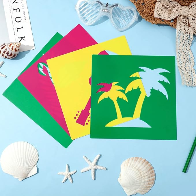 24 Pieces Summer Stencils for Kids 8 Inches Drawing Chalk Stencils Large Washable Aloha Themed Primary Shape Template for Kids Toddlers Preschooler