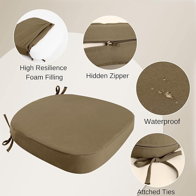 idee-home Outdoor Chair Cushions Set of 4, 17" x 17" x 3" Thick D-Shaped Patio Furniture Outdoor Seat Cushions Waterproof with Ties, Dining Pads