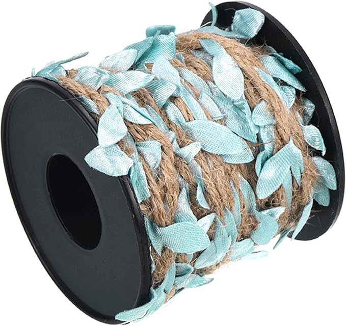 PATIKIL 33ft 5mm Burlap Leaf Ribbon, Braided Decoration Vine Natural Jute Rope Twine with Artificial Leaves for Jungle Wedding Party Home Garden Decor, Sky Blue