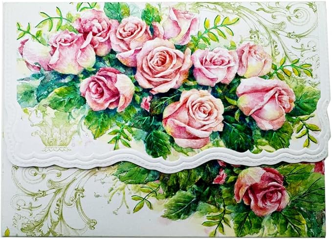 Poster Foundry Set of 3 - Rose Cascade Boxed Note Cards by Carol Wilson. 10 embossed 4x5 Die-Cut Notecards and Matching Envelopes in Decorative Gift Box with Magnetic Flap. NCP2429