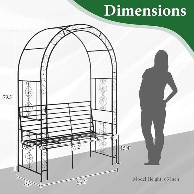 VINGLI Garden Arbor Arch, Wedding Arch Archway for Ceremony Party, Durable Steel Trellis for Plant Climbing, Christmas Decorations Pergola for Backyard, Lawn, Patio, Yard (with Bench)