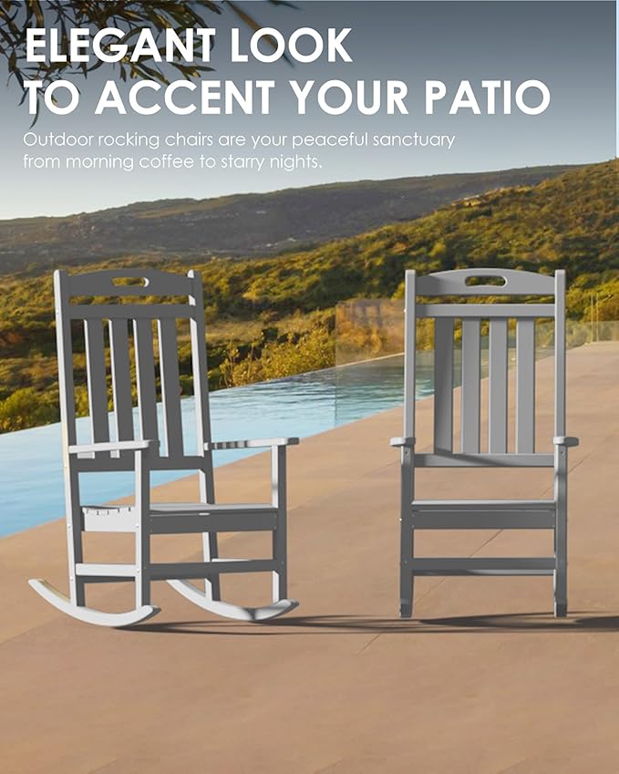 Outdoor Rocking Chair Set of 2, High Back Plastic Patio Rocking Chairs for Outside Porch Rocker Garden Lawn, All-Weather Resistant Poly Lumber Rocker Chair Outdoor, Slate Grey