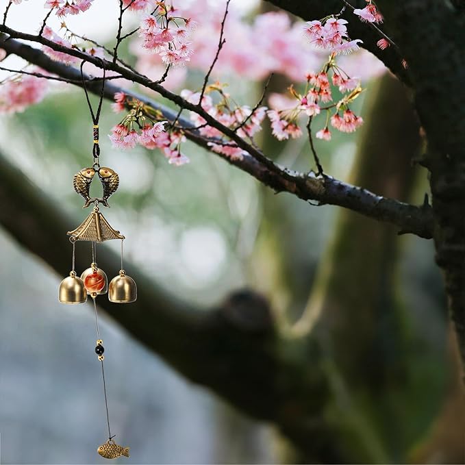 4 Pack Lucky Wind Chimes, Chinese Wind Bell, 3-Bell Vintage Blessing Hanging Wind Chime with Fish Coin for Safe, Good Luck, Wealth Home Garden Patio Hanging Decoration Gift