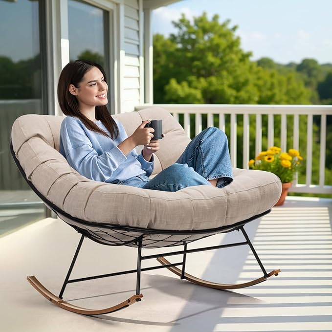 Bme Patio Rocking Chair Outdoor and Indoor, Modern Metal Lounge Rocker with Thick 7'' Cushion, 400lbs Capacity, Ergonomic Design, Easy Assembly, Beige Cushion - Wood Texture Rocker