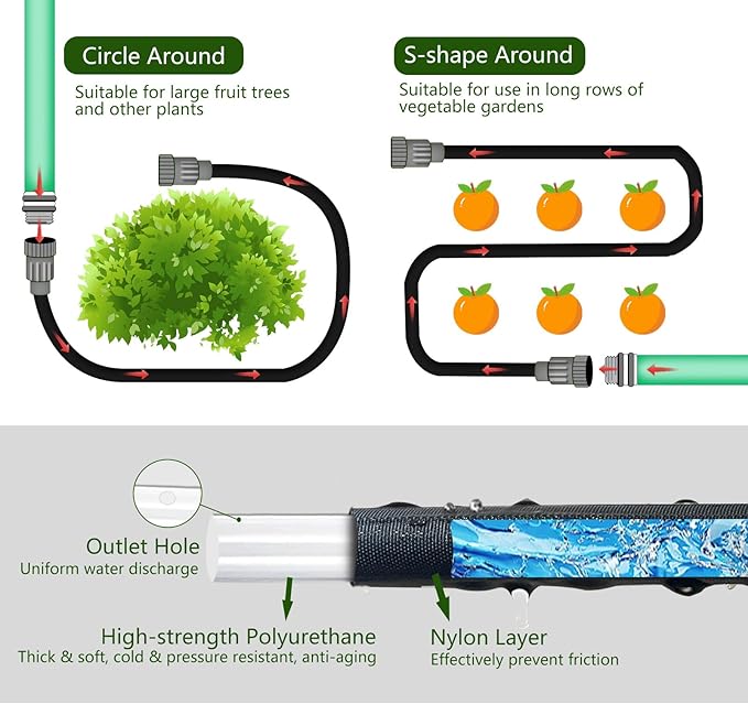 Flat Soaker Hose 25ft, Heavy Duty Double Layer Design, Drip Irrigation Hose Saves 80% Water, Leak Proof Sprinkler Hose For Lawn, Flower Bed, Vegetable Field