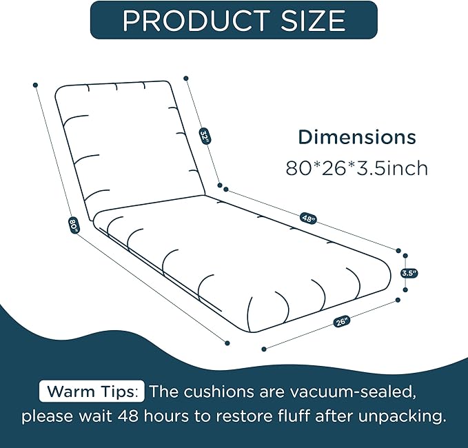 Codi Outdoor Chaise Lounge Chair Cushions 80"x26"x3.5" – Linen Texture, Fade Resistant, Waterproof, Removable Cover, Thick Soft Padding for Patio Furniture & Pool Relaxation, Grey