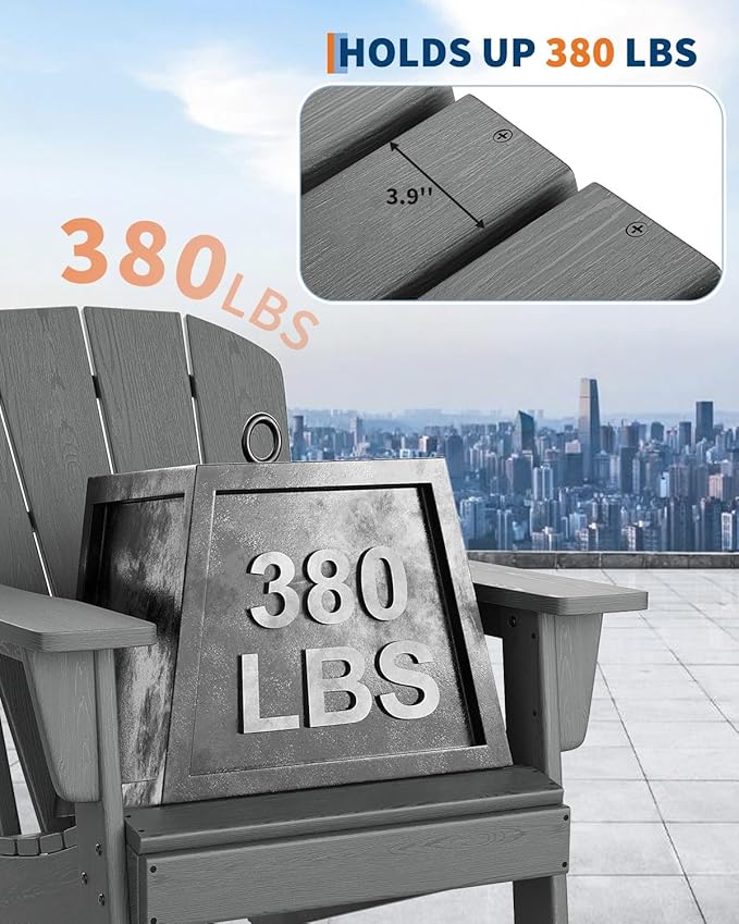 Modern HDPE Plastic Adirondack Chair - Oversize 380 LB Poly Lumber Weather Resistant Firepit Chair - Outdoor Patio Chairs with Wooden Textured for Garden, Backyard, Lawn, Deck, Pool, Porch - Grey