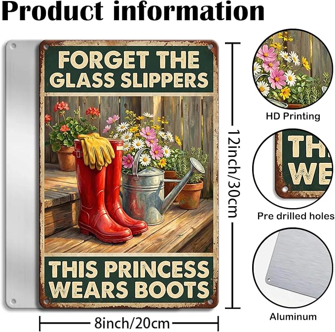 Country Girl Tin Sign - "This Princess Wears Boots" Inspirational Garden Decor - Metal Sign Vintage Red Rain Boots & Flowers Farmhouse Wall Art - 8x12 Aluminum Plaque for Shed, Porch, Yard