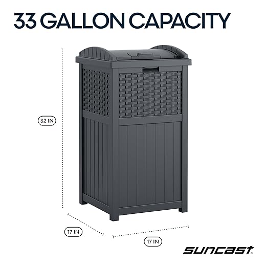 Suncast 33 Gallon Wicker-Style Hideaway Trash Can with Secure Latching Lid and Weather-Resistant Construction for Patio, Cyberspace Grey, Made in the USA