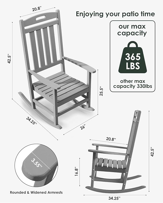 Outdoor Rocking Chair Set of 2, High Back Plastic Patio Rocking Chairs for Outside Porch Rocker Garden Lawn, All-Weather Resistant Poly Lumber Rocker Chair Outdoor, Slate Grey