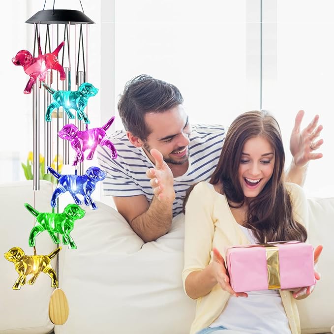 Dog Solar Wind Chimes with 4 Music Aluminum Tubes, Wind Chimes of Outside, 7 Colors Changing Outdoor Waterproof Crystal Dog LED Wind Bell, Home Party Yard Garden Decor