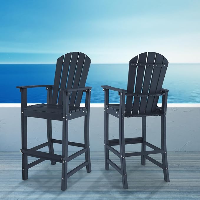 Giantex Set of 2 HDPE Outdoor Bar Stools, All Weather Tall Adirondack Chair with Armrest, Footrest, Load 360Lbs, 30-Inch Counter Height Bar Stool for Patio, Garden, Yard, Indoor Or Outdoor Use (Navy)