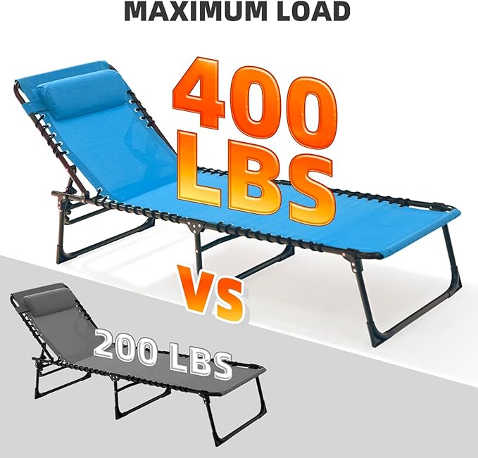 Folding Chaise Lounge Chair Bed Set of 2 - Heavy-Duty 400lb Capacity Portable Adjustable Recliner w/Pillow for Patio, Pool, Camping, Sunbathing - Lay Flat Design (Blue)
