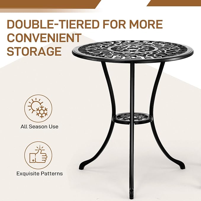 VINGLI 3 PCS Outdoor Bistro Set, Outdoor Patio Set, All-Weather Cast Aluminum Bistro Table Set, Bistro Table and Chairs Set of 2 for Backyard, Garden, Balcony (Black, Tulip)