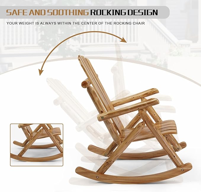 Outvita Wooden Rocking Chair Set of 2, Fir Log Adirondack Rocker, Outdoor Wood Accent Furniture Lounge Chairs for Garden Patio Backyard Porch (Light carbonized)