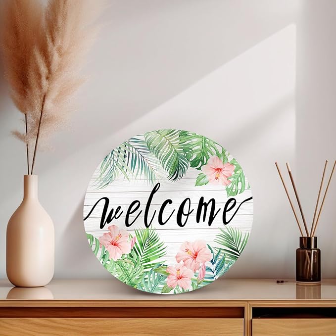 Summer Tropical Welcome Palm Leaf Sign for Front Door Wooden Green Palm Leaves Flower Door Signs Summer Floral Round Door Hanger for Wall Home Office Decorations